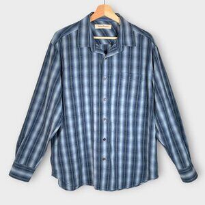 TOMMY BAHAMA Long Sleeve Button Up Mens LARGE Blue Plaid Silk Cotton Blend